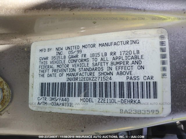 1NXBR12E0XZ271524 - 1999 TOYOTA COROLLA VE/CE/LE TAN photo 9