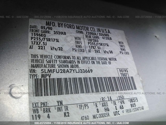 5LMFU28A7YLJ33669 - 2000 LINCOLN NAVIGATOR Сұр фото 9