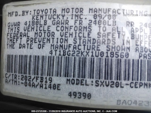 4T1BG22KX1U018560 - 2001 TOYOTA CAMRY CE/LE/XLE BLACK photo 9