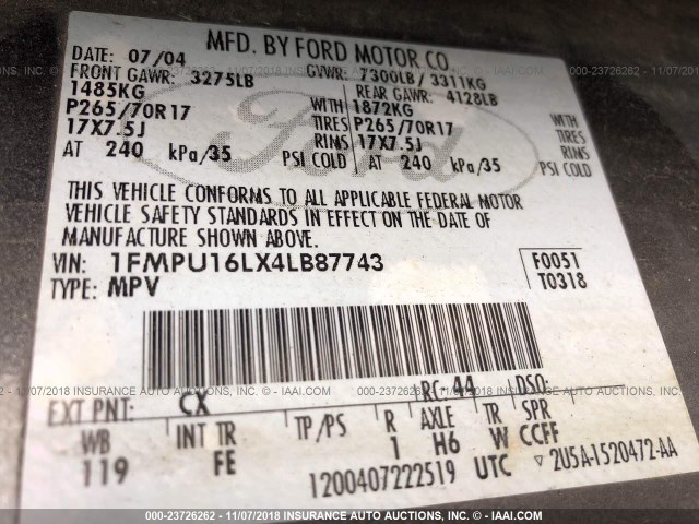 1FMPU16LX4LB87743 - 2004 FORD EXPEDITION XLT GRAY photo 9