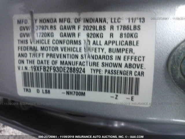 19XFB2F93DE288924 - 2013 HONDA CIVIC EXL SILVER photo 9