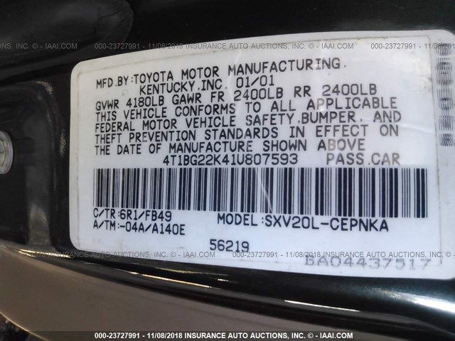 4T1BG22K41U807593 - 2001 TOYOTA CAMRY CE/LE/XLE მწვანე ფოტო 9