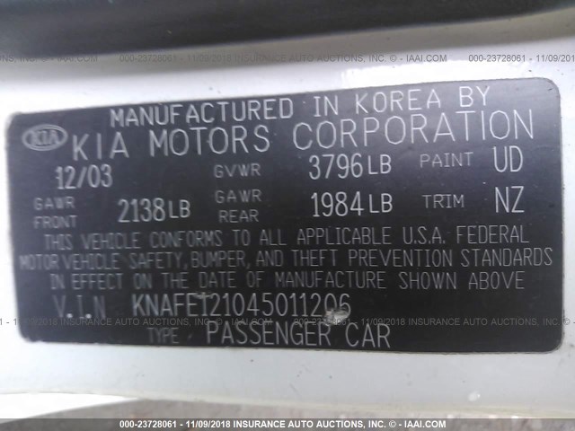 KNAFE121045011206 - 2004 KIA NEW SPECTRA LX/EX WHITE photo 9