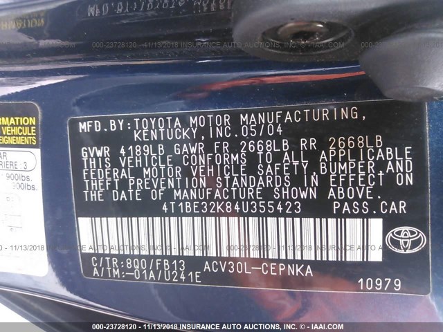 4T1BE32K84U355423 - 2004 TOYOTA CAMRY LE/XLE/SE BLUE photo 9
