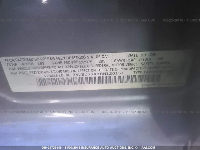 3VWBJ71KX8M120151 - 2008 VOLKSWAGEN GLI ნაცრისფერი ფოტო 9