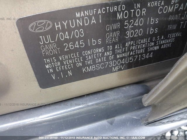 KM8SC73D04U571344 - 2004 HYUNDAI SANTA FE GLS/LX GOLD photo 9