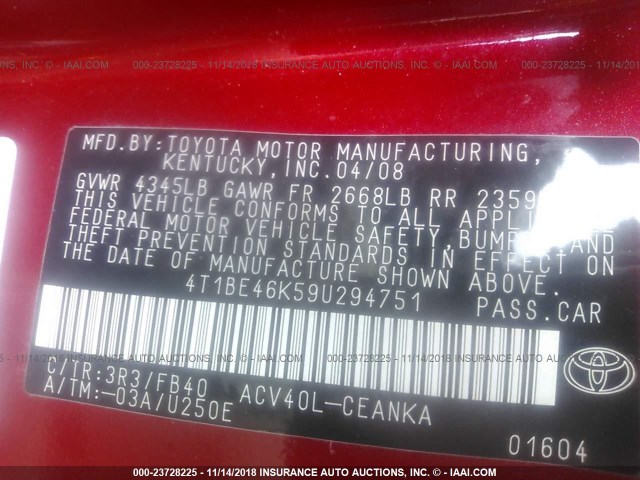 4T1BE46K59U294751 - 2009 TOYOTA CAMRY SE/LE/XLE წითელი ფოტო 9