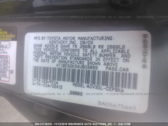 4T1BE32K54U803889 - 2004 TOYOTA CAMRY LE/XLE/SE GRAY photo 9