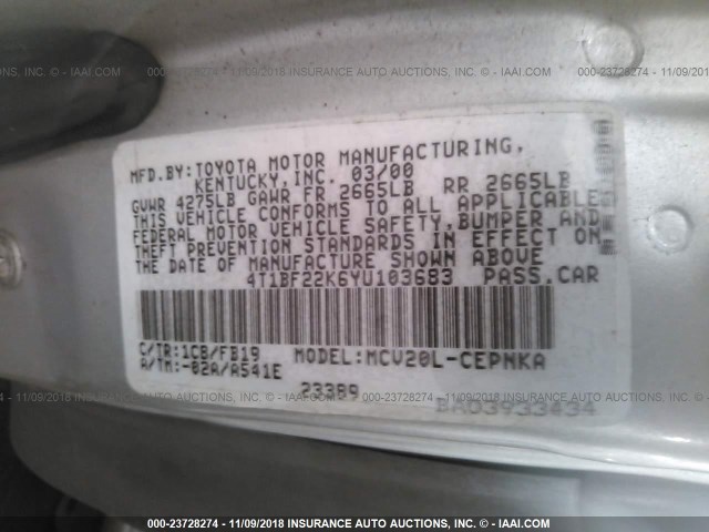 4T1BF22K6YU103683 - 2000 TOYOTA CAMRY LE/XLE Бежевый фото 9