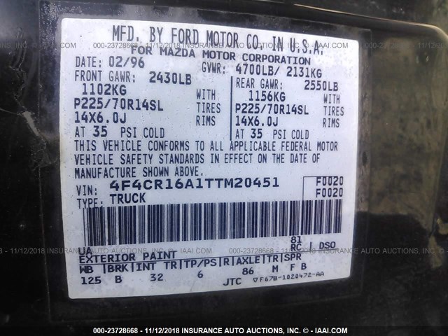 4F4CR16A1TTM20451 - 1996 MAZDA B2300 CAB PLUS BLACK photo 9