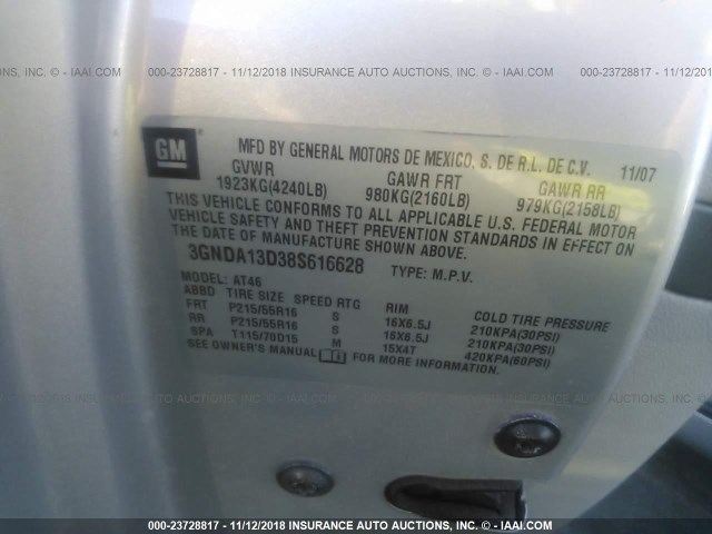 3GNDA13D38S616628 - 2008 CHEVROLET HHR LS ვერცხლისფერი ფოტო 9