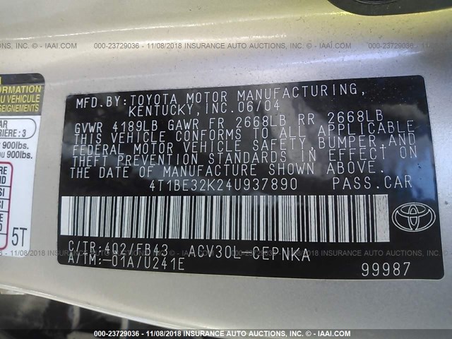 4T1BE32K24U937890 - 2004 TOYOTA CAMRY LE/XLE/SE GOLD photo 9
