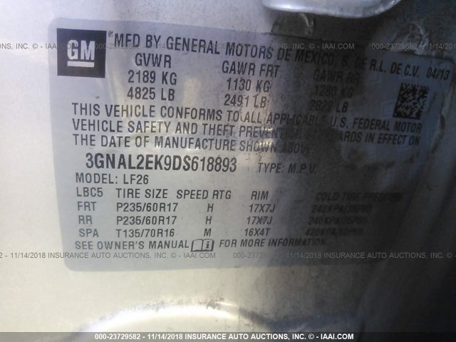 3GNAL2EK9DS618893 - 2013 CHEVROLET CAPTIVA LS 棕色 照片 9