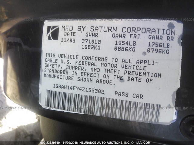 1G8AW14F74Z153302 - 2004 SATURN ION LEVEL 3 BLACK photo 9