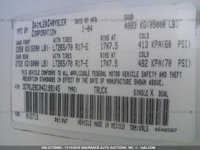 3D7KU28C04G199145 - 2004 DODGE RAM 2500 ST/SLT 白色 照片 9