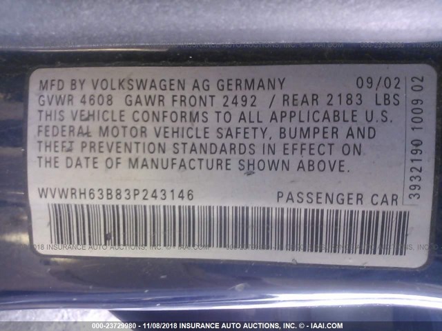 WVWRH63B83P243146 - 2003 VOLKSWAGEN PASSAT GLX BLUE photo 9