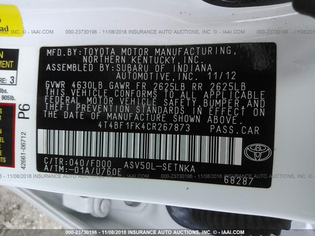 4T4BF1FK4CR267873 - 2012 TOYOTA CAMRY SE/LE/XLE თეთრი ფოტო 9