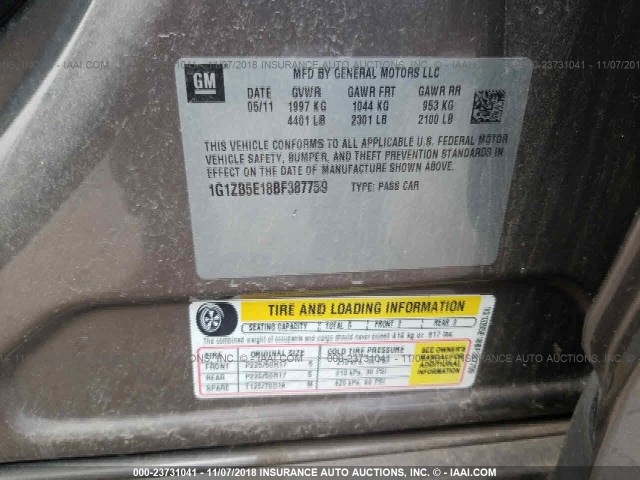 1G1ZB5E18BF387759 - 2011 CHEVROLET MALIBU LS Tünd qəhvəyi foto 9