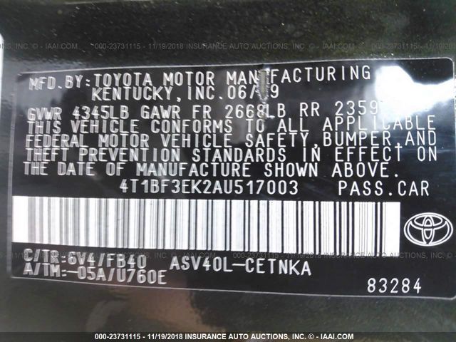 4T1BF3EK2AU517003 - 2010 TOYOTA CAMRY SE/LE/XLE შავი ფოტო 9