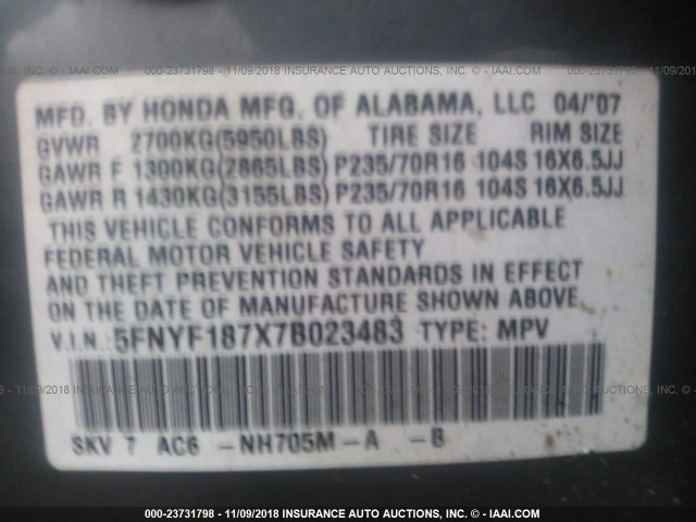 5FNYF187X7B023483 - 2007 HONDA PILOT EXL GRAY photo 9