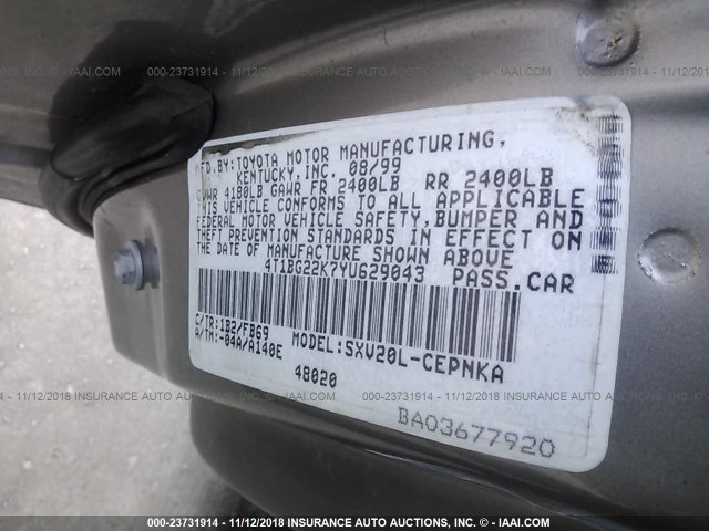 4T1BG22K7YU629043 - 2000 TOYOTA CAMRY CE/LE/XLE 灰色 照片 9