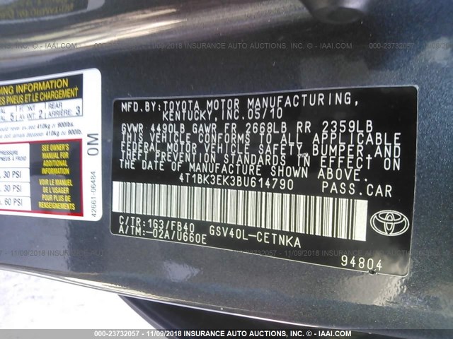 4T1BK3EK3BU614790 - 2011 TOYOTA CAMRY SE/LE/XLE GRAY photo 9