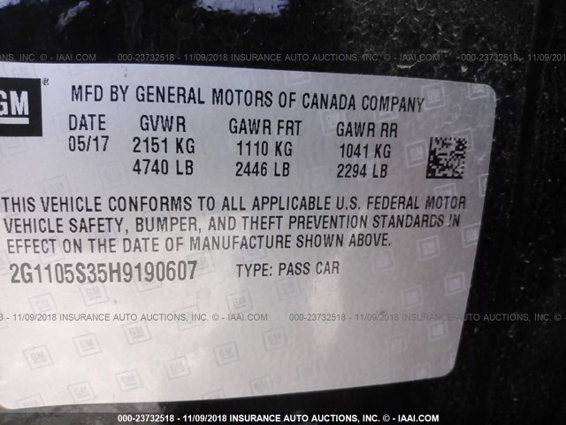 2G1105S35H9190607 - 2017 CHEVROLET IMPALA LT BLACK photo 9