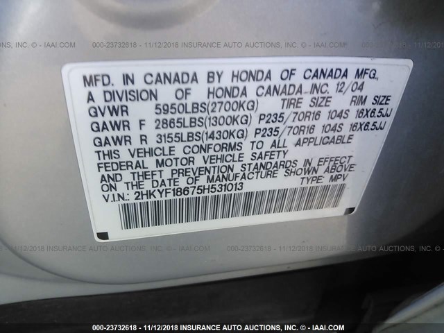 2HKYF18675H531013 - 2005 HONDA PILOT EXL SILVER photo 9