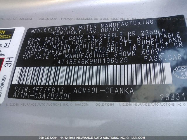 4T1BE46K98U196529 - 2008 TOYOTA CAMRY CE/LE/XLE/SE SILVER photo 9