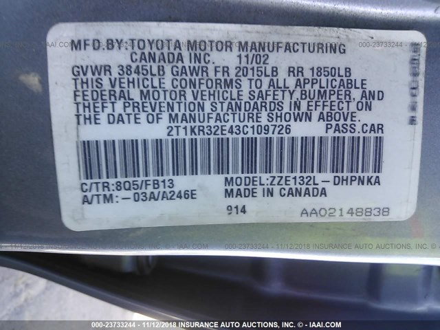 2T1KR32E43C109726 - 2003 TOYOTA COROLLA MATRIX XR BLUE photo 9