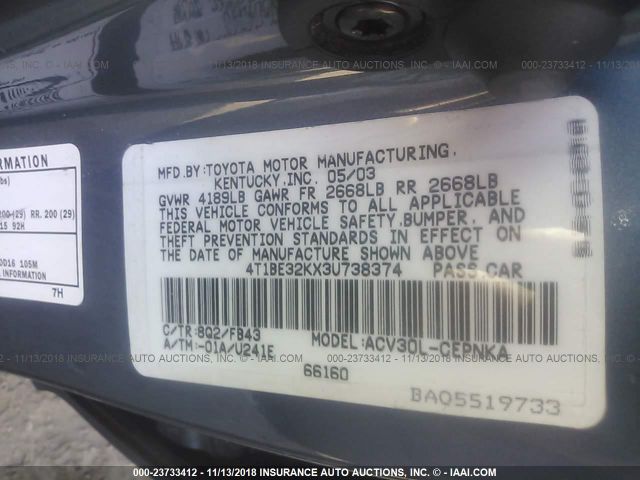 4T1BE32KX3U738374 - 2003 TOYOTA CAMRY LE/XLE/SE BLUE photo 9