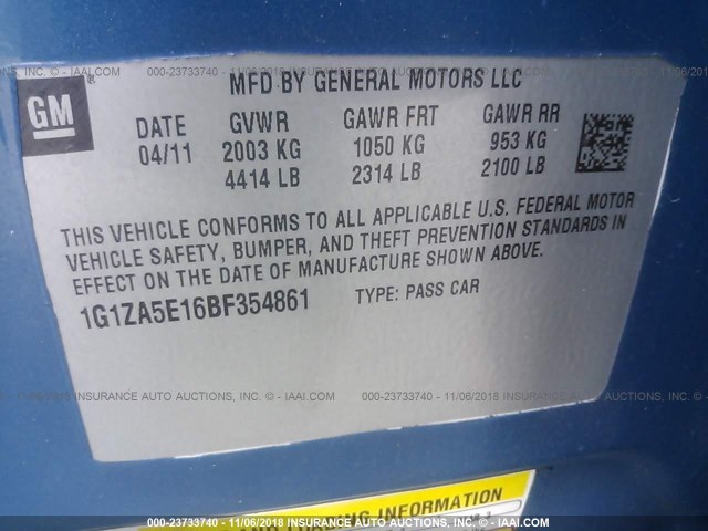 1G1ZA5E16BF354861 - 2011 CHEVROLET MALIBU LS Mavi foto 9