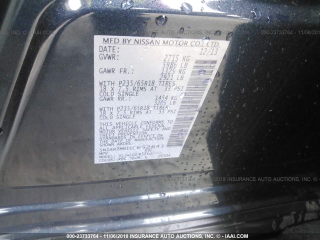 5N1AR2MN1EC652641 - 2014 NISSAN PATHFINDER S/SV/SL/PLATINUM BLUE photo 9