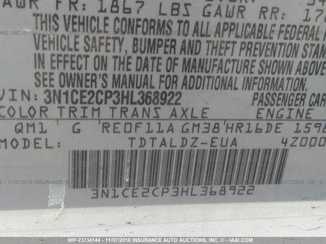 3N1CE2CP3HL368922 - 2017 NISSAN VERSA NOTE S/S PLUS/SV/SL/SR WHITE photo 9