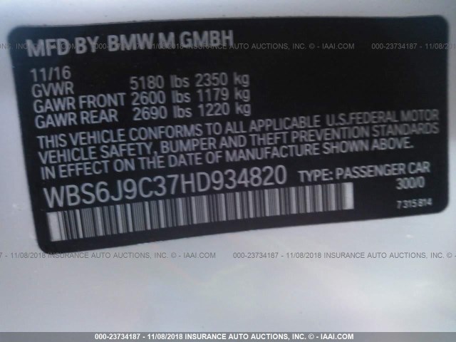 WBS6J9C37HD934820 - 2017 BMW M6 WHITE photo 9