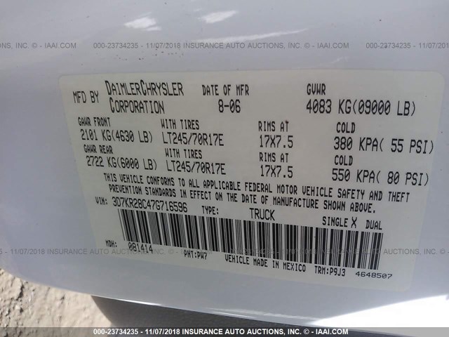 3D7KR28C47G716596 - 2007 DODGE RAM 2500 ST/SLT 白色 照片 9