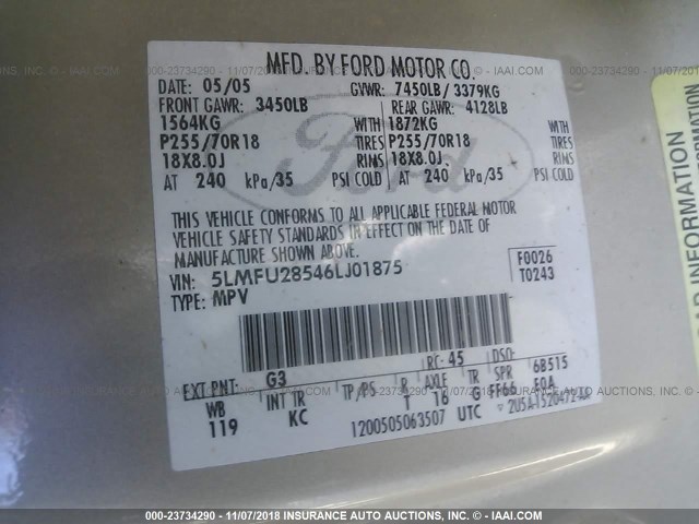 5LMFU28546LJ01875 - 2006 LINCOLN NAVIGATOR Złoty zdjęcie 9