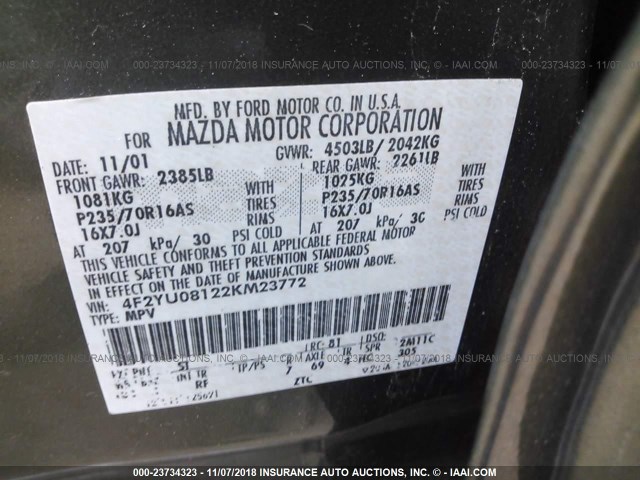 4F2YU08122KM23772 - 2002 MAZDA TRIBUTE LX/ES 绿色 照片 9