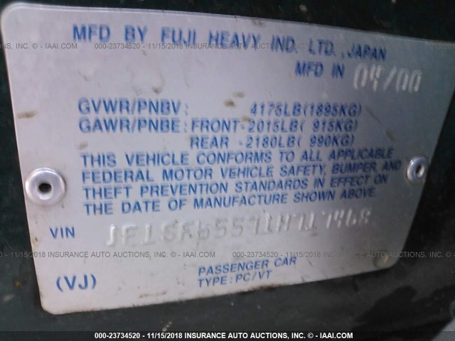 JF1SF65571H717468 - 2001 SUBARU FORESTER S GREEN photo 9