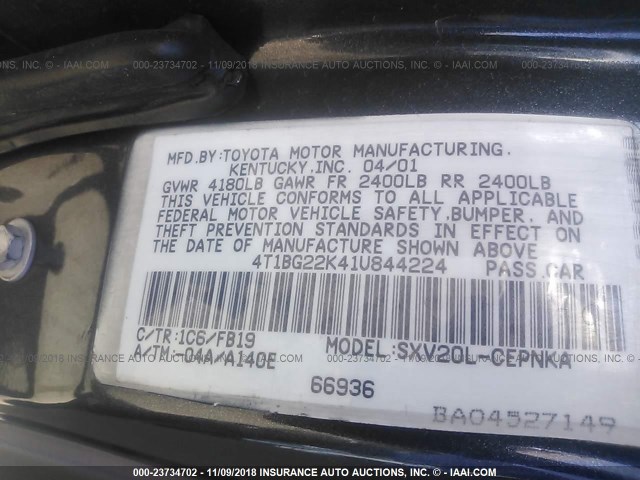 4T1BG22K41U844224 - 2001 TOYOTA CAMRY CE/LE/XLE 灰色 照片 9