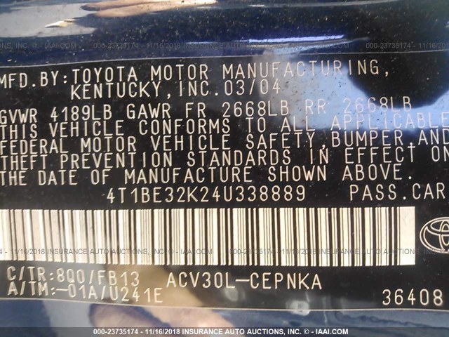 4T1BE32K24U338889 - 2004 TOYOTA CAMRY LE/XLE/SE BLUE photo 9