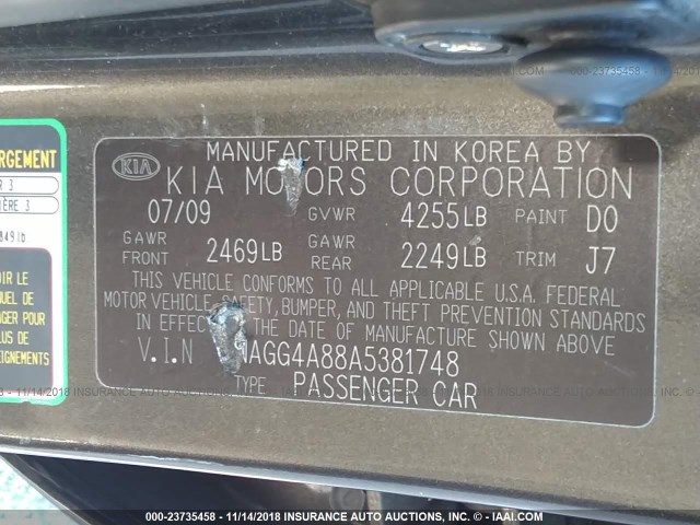 KNAGG4A88A5381748 - 2010 KIA OPTIMA LX GRAY photo 9