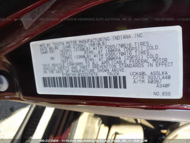 5TBBT48103S337878 - 2003 TOYOTA TUNDRA ACCESS CAB LIMITED BURGUNDY photo 9