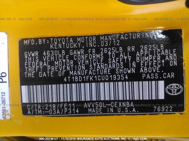 4T1BD1FK1CU019354 - 2012 TOYOTA CAMRY HYBRID/LE/XLE 黄色 照片 9