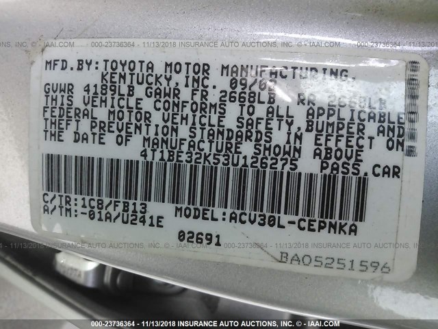 4T1BE32K53U126275 - 2003 TOYOTA CAMRY LE/XLE/SE SILVER photo 9