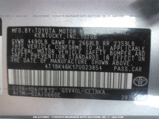 4T1BK46K17U023854 - 2007 TOYOTA CAMRY NEW GENERAT LE/XLE/SE SILVER photo 9