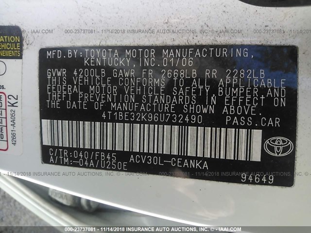 4T1BE32K96U732490 - 2006 TOYOTA CAMRY LE/XLE/SE WHITE photo 9
