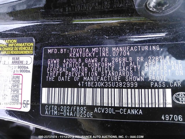 4T1BE30K35U382999 - 2005 TOYOTA CAMRY LE/XLE/SE BLACK photo 9
