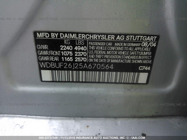 WDBUF26J25A670564 - 2005 MERCEDES-BENZ E 320 CDI SILVER photo 9