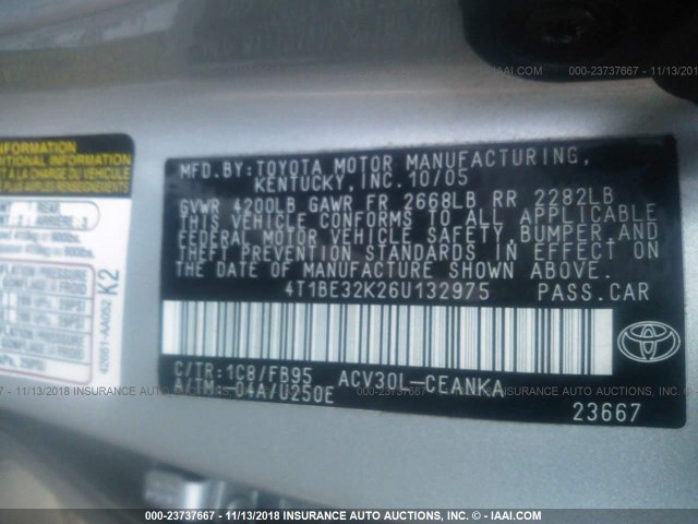 4T1BE32K26U132975 - 2006 TOYOTA CAMRY LE/XLE/SE SILVER photo 9